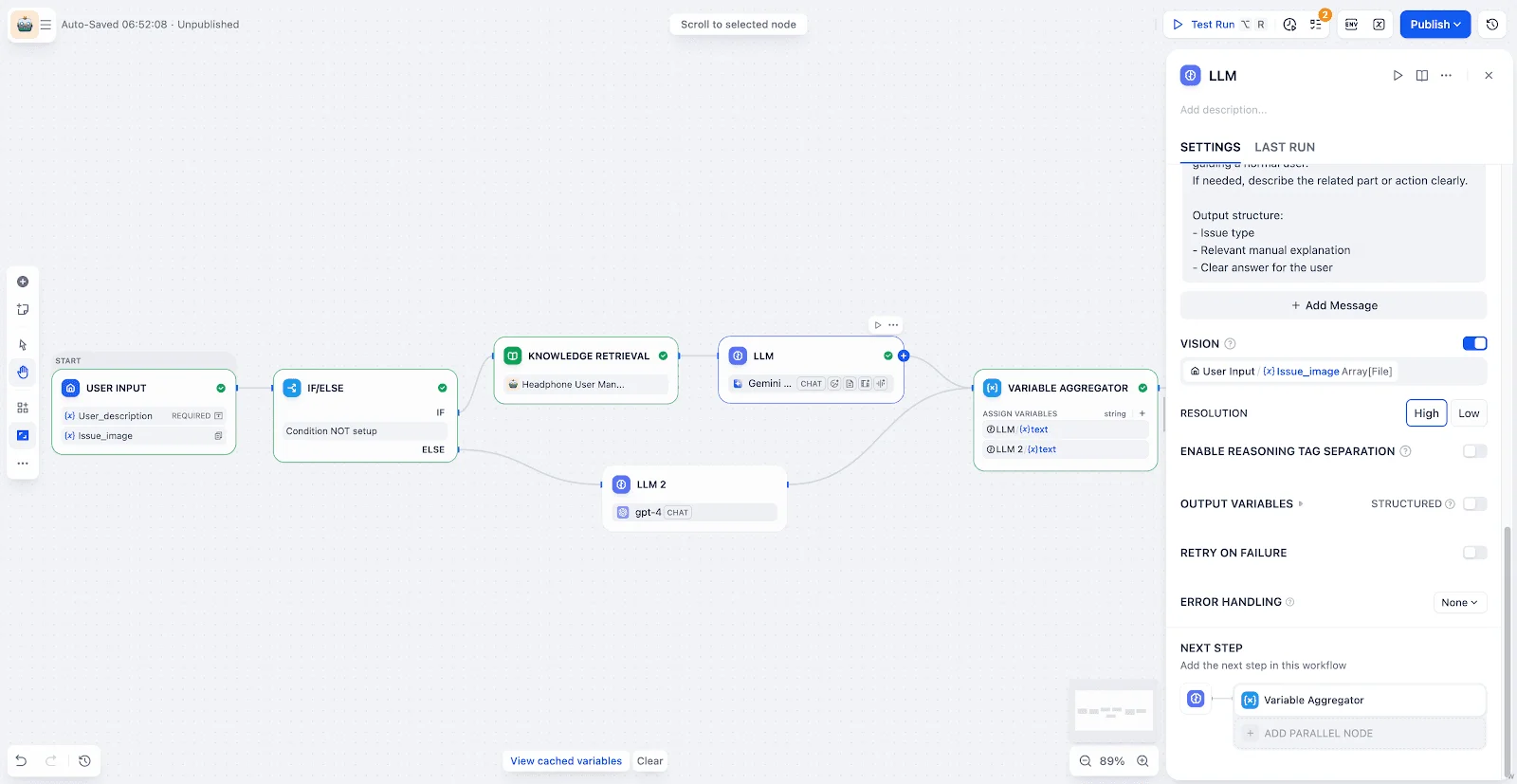 ワークフローのLLMノード設定。VISIONトグルが有効になり、画像入力が参照されている