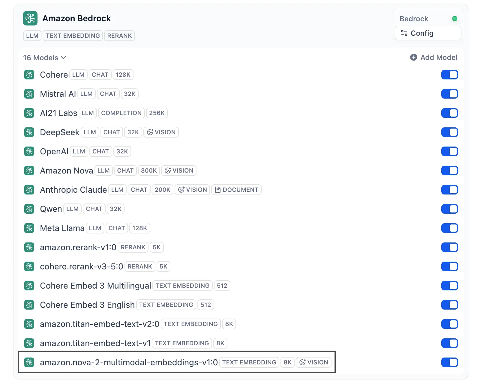 Amazon Bedrockモデル一覧。multimodal-embeddings-v1