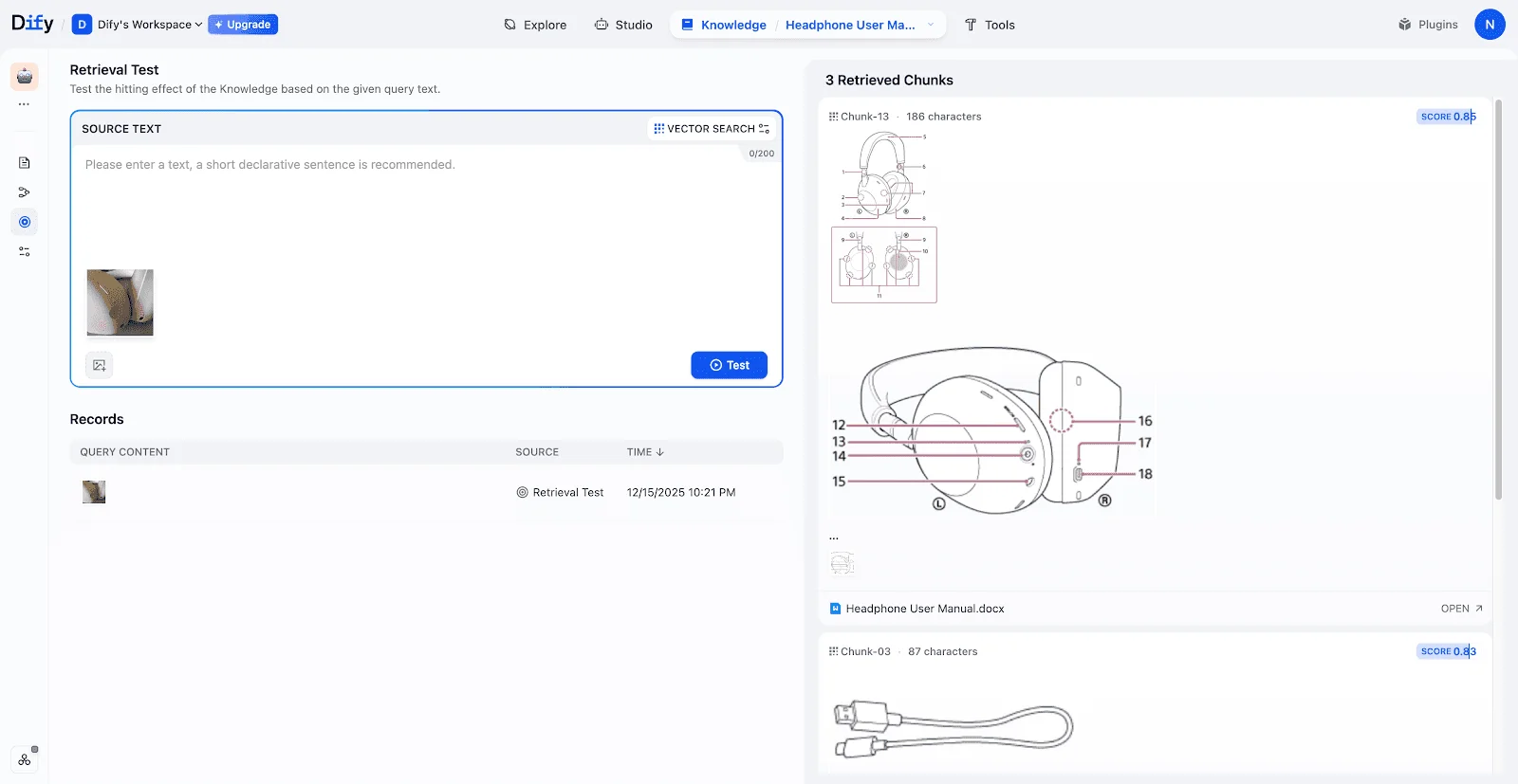 マルチモーダル検索のデモ。画像をクエリとして入力し、類似画像を含むチャンクが検索結果として返されている