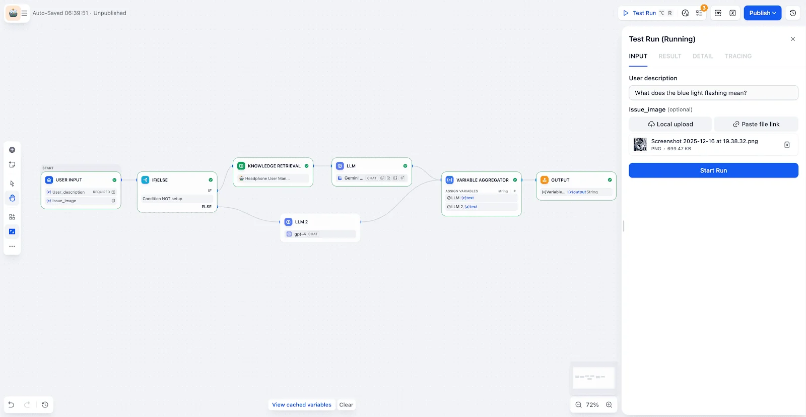 ワークフローでのマルチモーダル活用例。画像入力を受け取り、Knowledge RetrievalからLLMへの一連の処理が実行されている