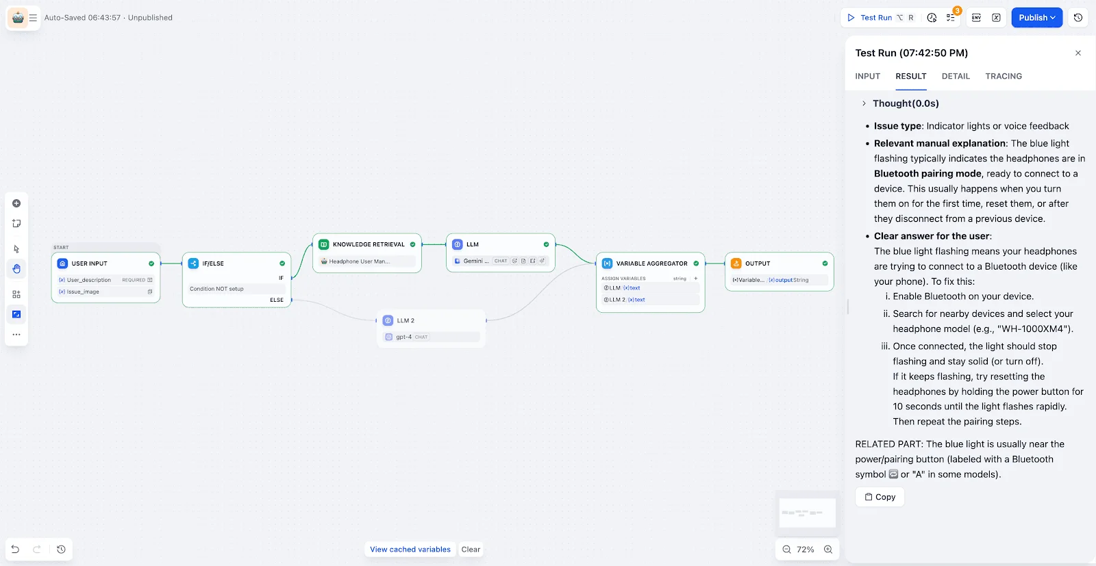ワークフローの実行結果。画像を含むナレッジベースから関連情報を検索し、具体的な回答が生成されている