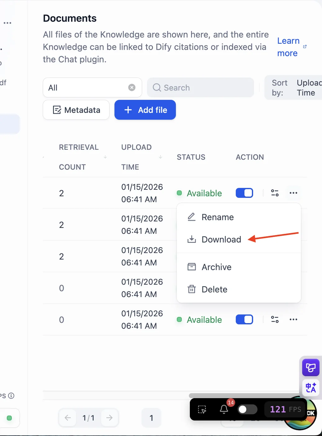 ナレッジベースのドキュメント一覧。アクションメニューにDownloadオプションが追加されている